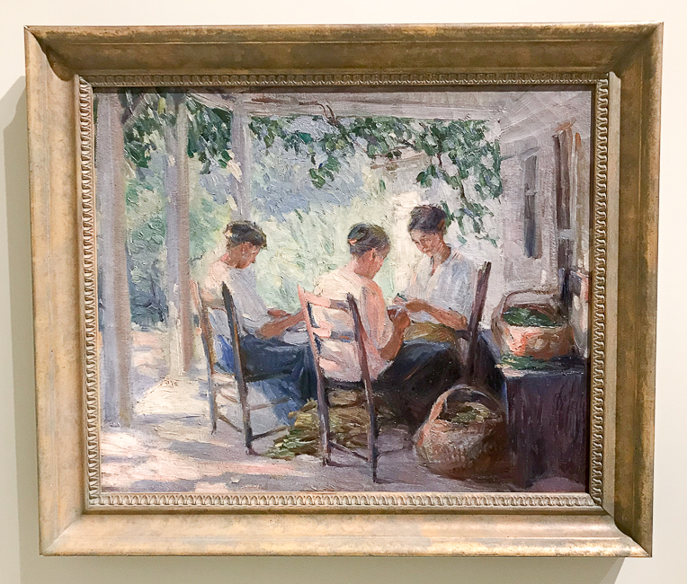 The Pea Shellers by Catherine Wiley - painting of three women sitting on a porch shelling peas at the Knoxville Museum of Art