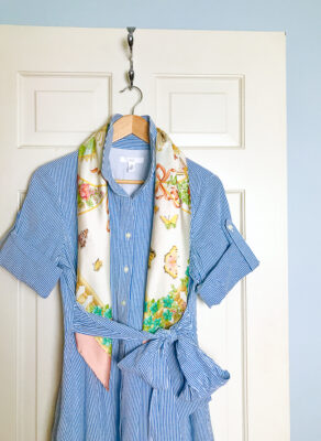 Seersucker dress and pastel scarf - The Charming Index