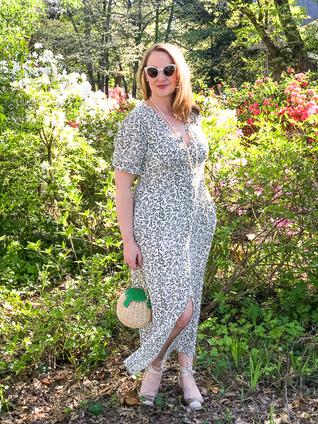 Katherine from Pender & Peony in a green and white day dress - maxi length with vintage vibes