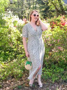 Katherine from Pender & Peony in a green and white day dress - maxi length with vintage vibes