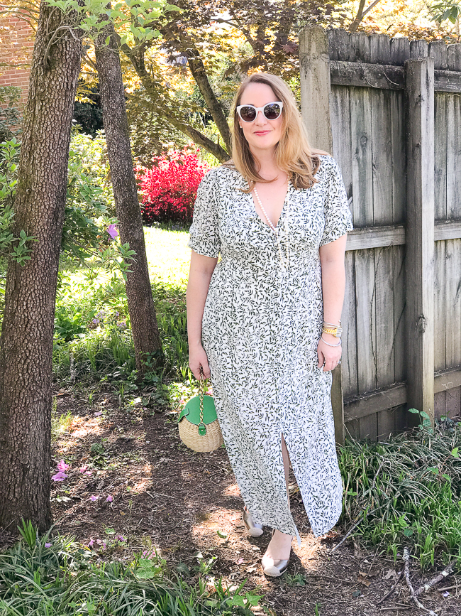 Katherine from Pender & Peony in a green and white day dress - maxi length with vintage vibes