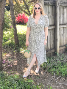 Katherine from Pender & Peony in a green and white day dress - maxi length with vintage vibes