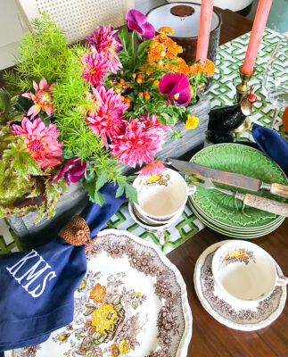 Mason's ironstone plates in Ascot pattern offer a fall floral bouquet in yellow, orange, green, and brown