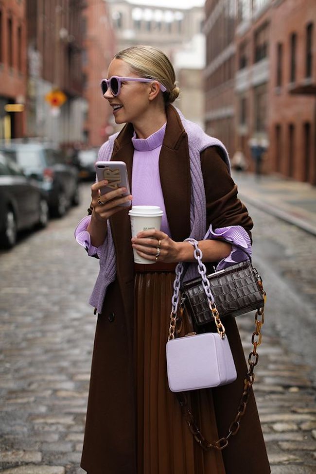 Blogger Blair Eadie in violet and chocolate outfit