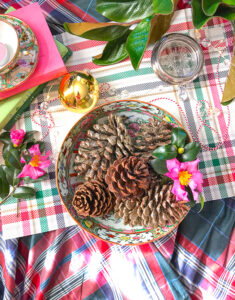 Mix complex plaids with deconstructed plaids in your Christmas decor like this placemat with a wide spaced plaid and this more complex plaid tablecloth.