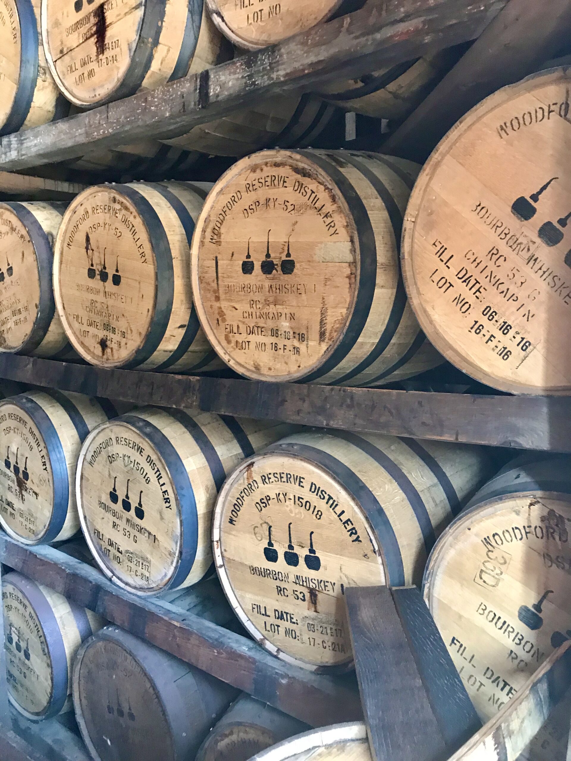 Aging barrels of Bourbon at Woodford Reserve Distillery