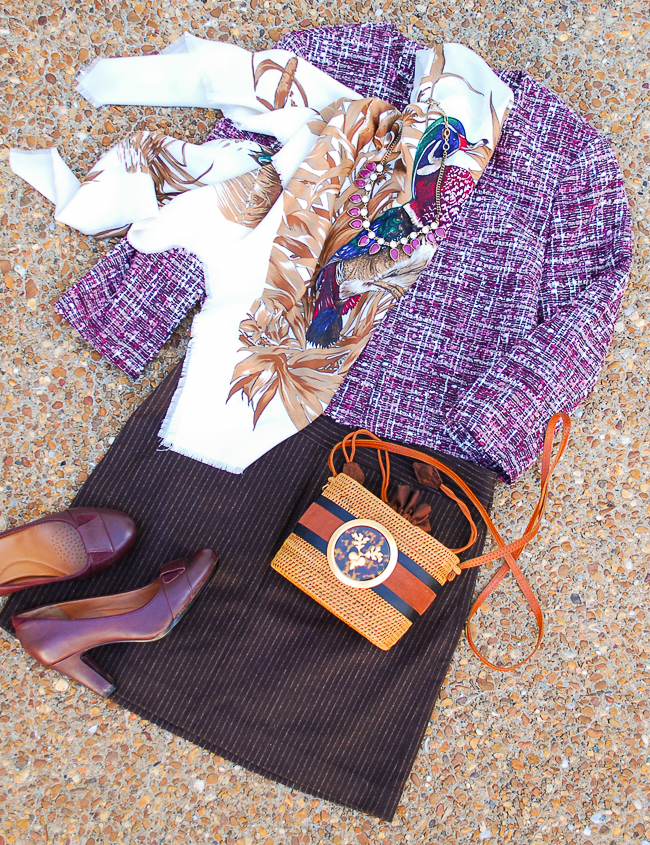 Violet and chocolate the style color story of fall: purple tweed jacket with brown wool skirt and autumn fowl scarf