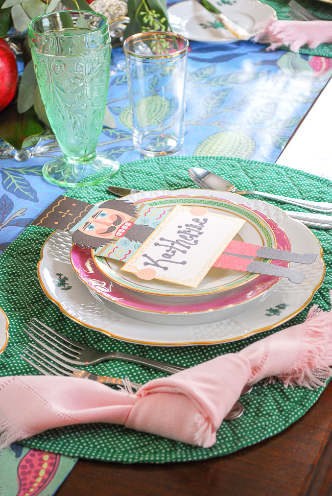 pink and green china for a colorful Christmas pacesetting that is whimsical and bold