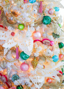 Close-up view of my colorful bold pastel Christmas tree