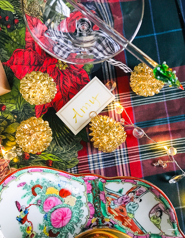 Gilt pine cone place card holders will add that special touch to the hostess with the mostest's holiday table