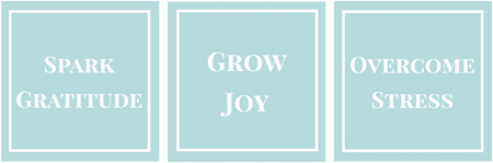 blue and white graphic that says spark gratitude, grow joy, and overcome stress