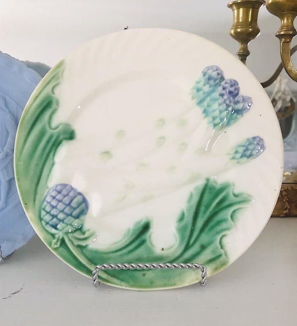 Antique Majolica Asparagus Plate in blue, white, green