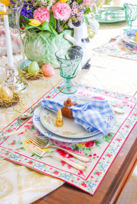 April Cornell cottage rose placemats add a colorful, bold pattern to the Easter table setting