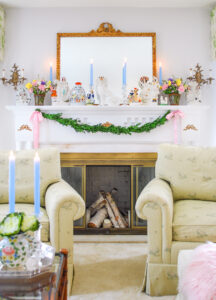 Spring mantel filled with Staffordshire figurines for my colorful Southern home tour