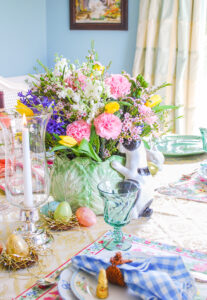 Fitz and Floyd cabbage ware bunny centerpiece with spring flowers