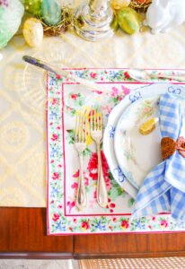 Detail view of the cottage rose placemats from April Cornell on my colorful Easter table
