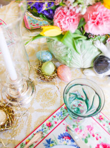 Jamestown green Fostoria glasses and Easter eggs on the table.