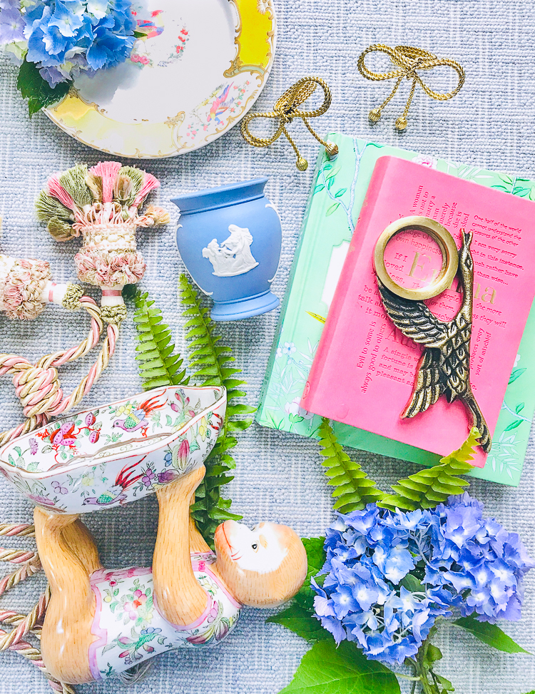 Flatlay of Chinoiserie and Wedgwood antiques found at East Tennessee Thrift Stores