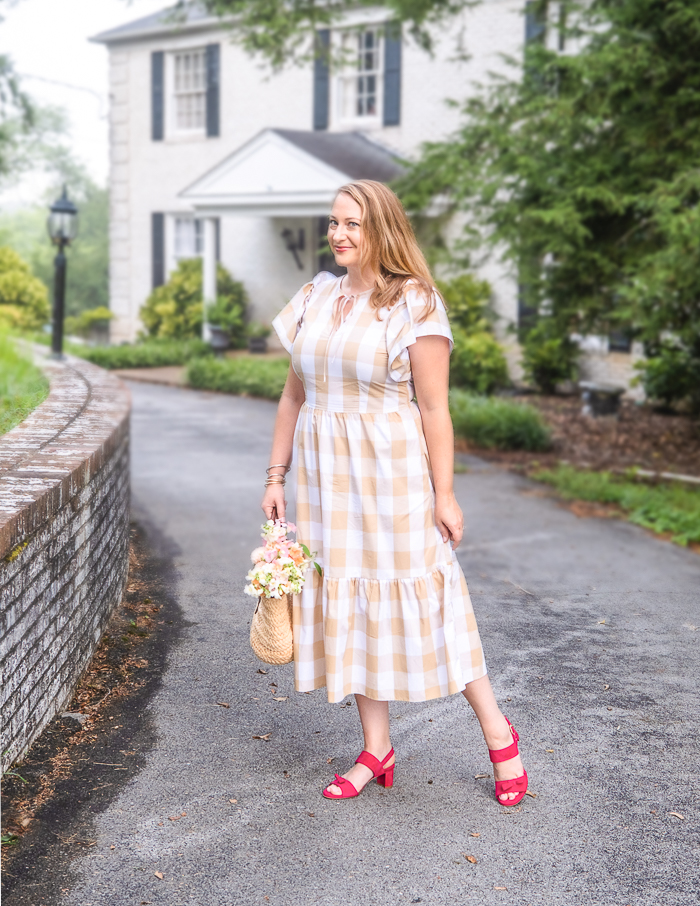 Katherine in the Nadia style sandals from Sarah Flint paired with gingham dress from Target