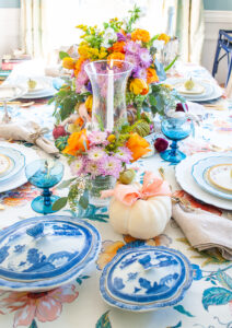 Fall table with pastel hues and pretty chintz for an elegant but playful look !