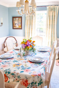 Vintage chintz fabric turned into a tablecloth with bullion fringe