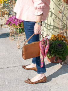 Detail photo of leopard print Natalies from Sarah Flint and vintage handbag with scarf bow