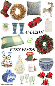 Christmas decor Amazon & Etsy finds collage of holiday decor, tableware, ornaments, wreaths, and decorations