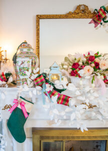White paper branches, pagodas, Rose Medallion temple jars, and pink florals decorate this very Chinoiserie Christmas mantel