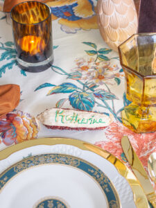 Faux corncob as place card for this intimate and chic Thanksgiving tablescape