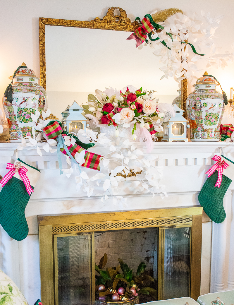 https://penderandpeony.com/wp-content/uploads/2020/11/Rose-medallion-pink-gingham-floral-Christmas-mantel.jpg