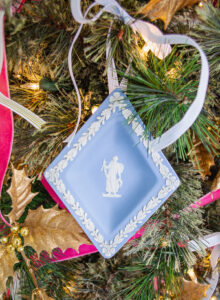 Diamond shaped Wedgwood Jasperware trinket dish turned into a Christmas ornament with ribbon