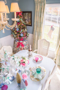 View from above of Jasperware and jewel Christmas tablescape