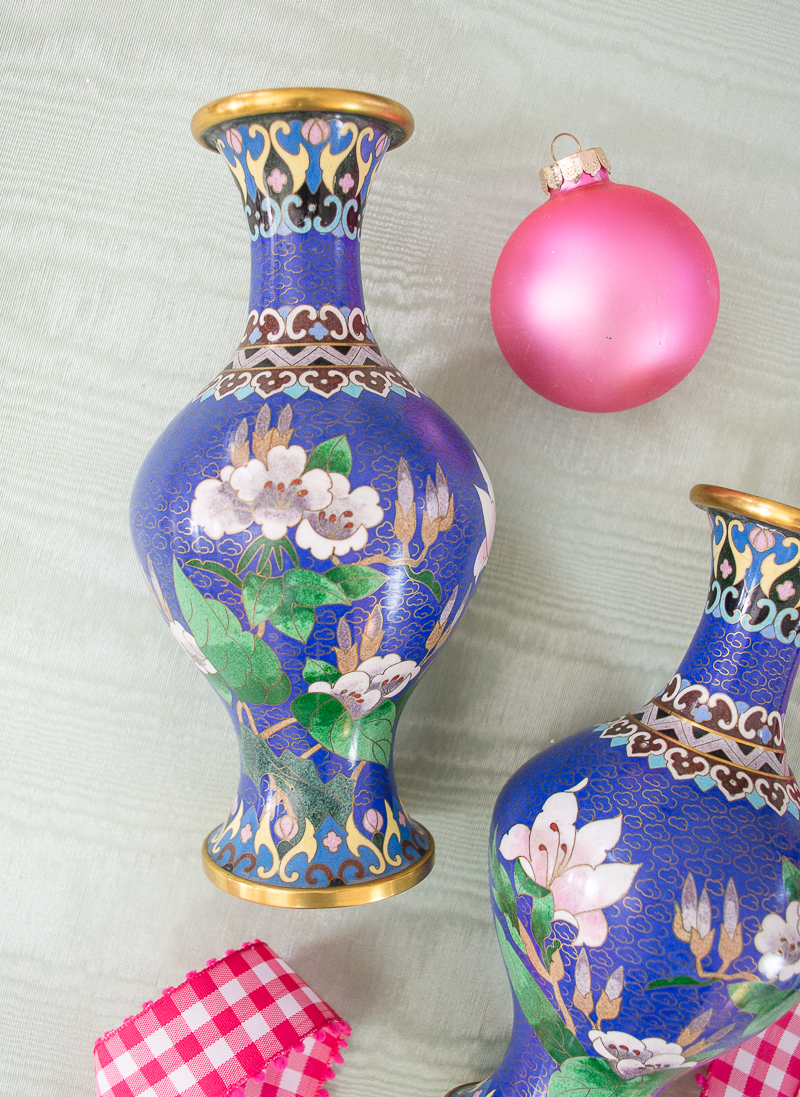 Detail view of blue floral cloisonné vase - a lovely gift for the grandmillennial