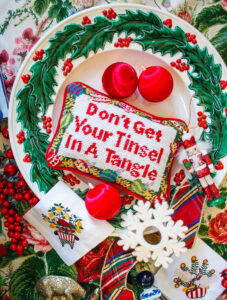 Grandmillennial Christmas vibes with this sassy needlepoint pillow "Don't Get Your Tinsel In a Tangle"