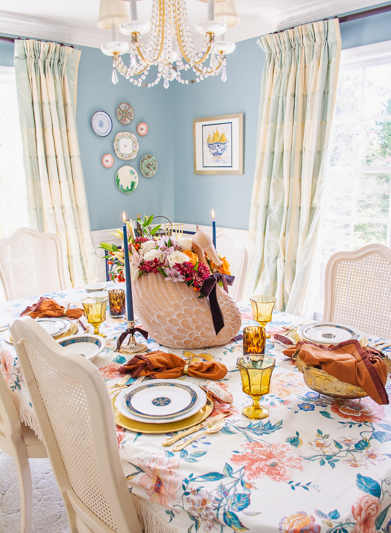 Grandmillennial style dining room at Katherine's Dogwood House setup for an intimate and chic Thanksgiving with swan centerpiece and Royal Doulton china