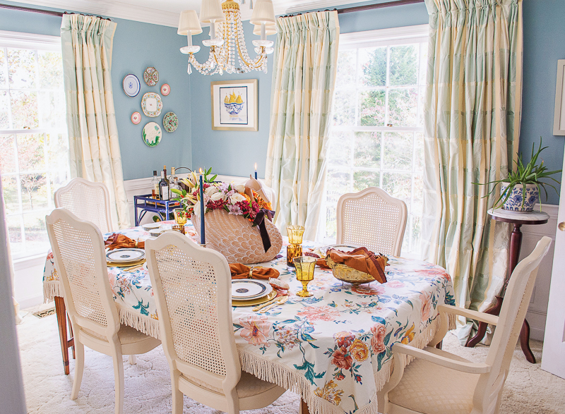 Grandmillennial style dining room at Katherine's Dogwood House setup for an intimate and chic Thanksgiving with swan centerpiece and Royal Doulton china