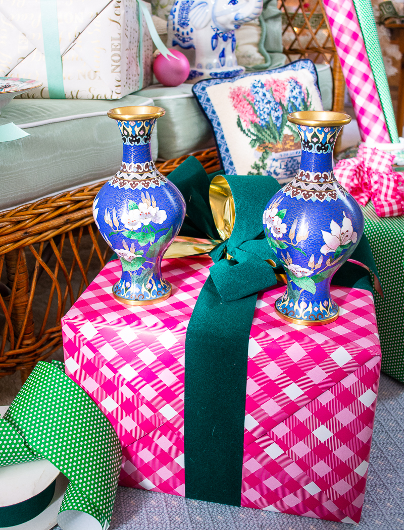 Luxe gifts for the grandmillennial include a fine pair of cloisonné vases in bright colors