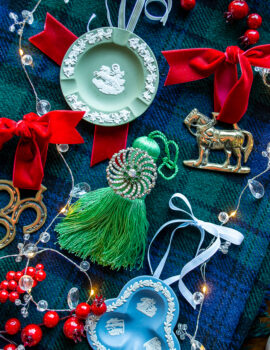 3 antiques remade into unique Christmas ornaments: horse brasses, Jasperware trinket dishes, and vintage brooches