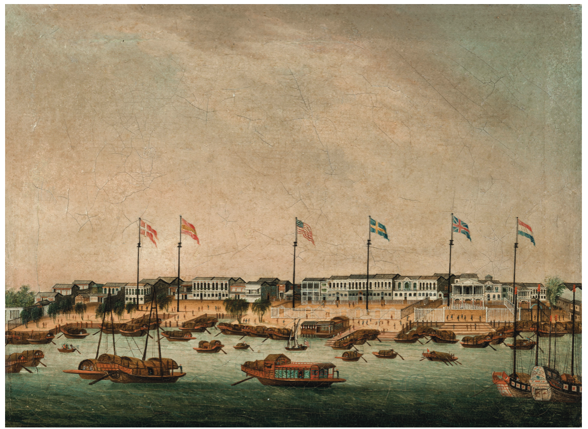 Painting depicting waterfront of Canton with trading ships and factories