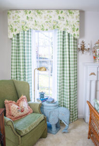 Waverly chintz cornice boards and gingham curtains were my decorating solution to large windows