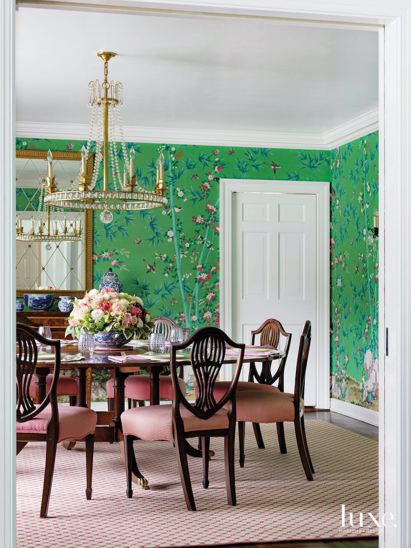 Green chinoiserie dining room with pink upholstery in this Shelley Johnstone designed room