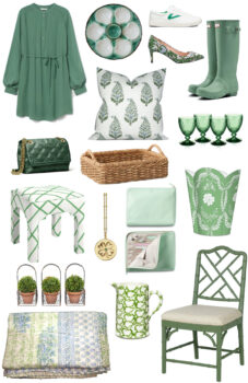 Green finds for your wardrobe, home, and tabletop! Collage of shopping guide picks.