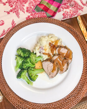 Plated pork loin, mashed potatoes, and broccoli for a delicious Sunday supper menu idea