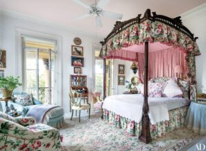 Bedroom layered with pattern designed by Mario Buatta