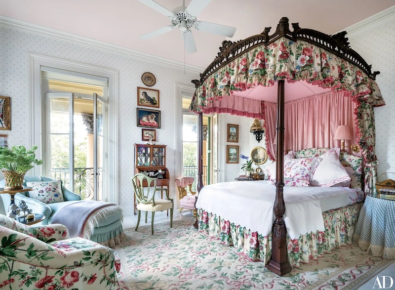 Bedroom layered with pattern designed by Mario Buatta