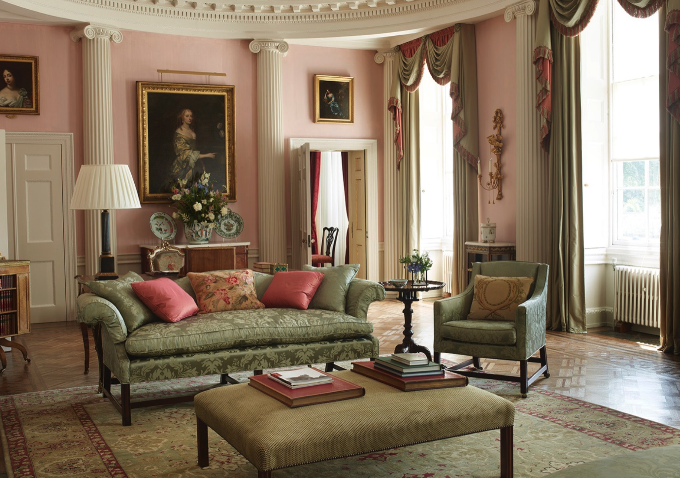 Staffordshire House Living space in pink and green designed by Colefax & Fowler