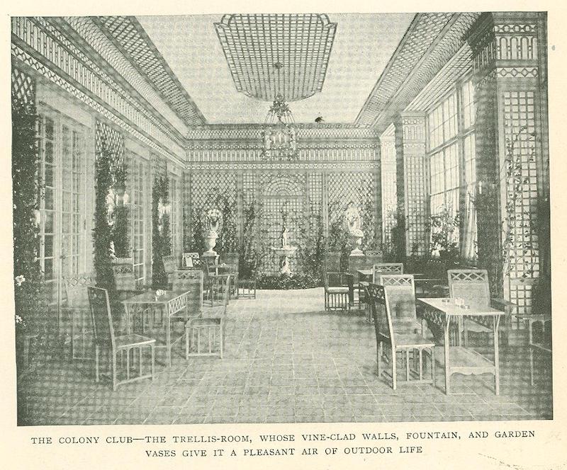 Black and white photo of the trellis room at the Colony Club designed by de Wolfe