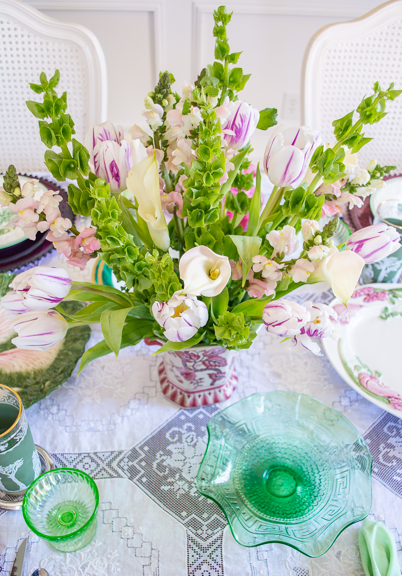 Spring bouquet of calla lilies, tulips, snap dragons, and bells of Ireland