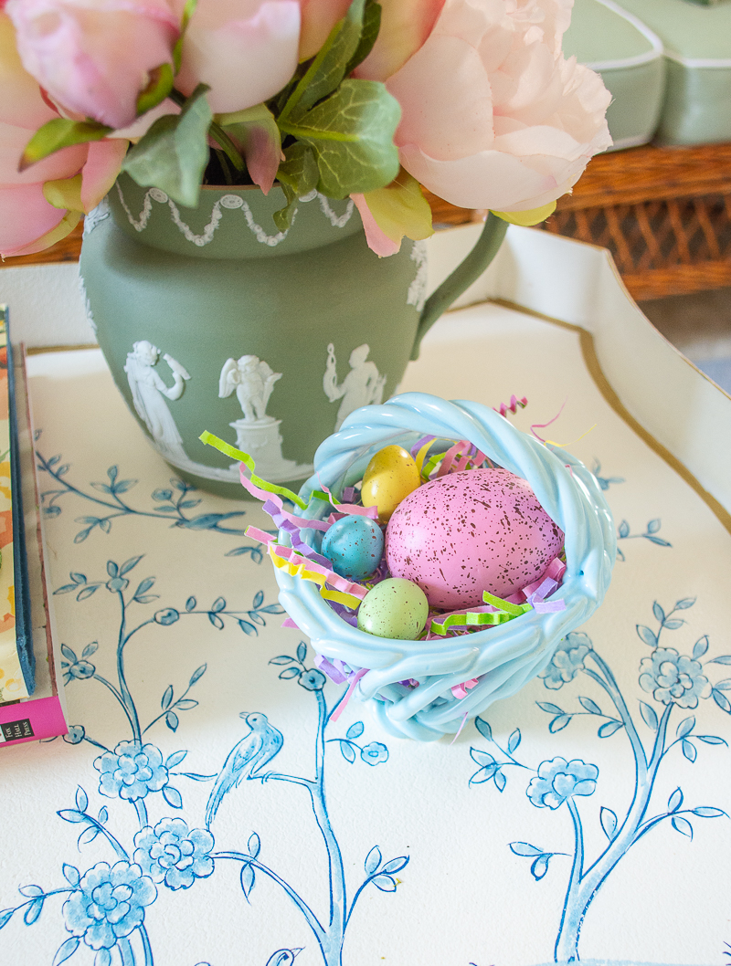 mini ceramic Easter egg baskets make a fun pop for a little spring touch