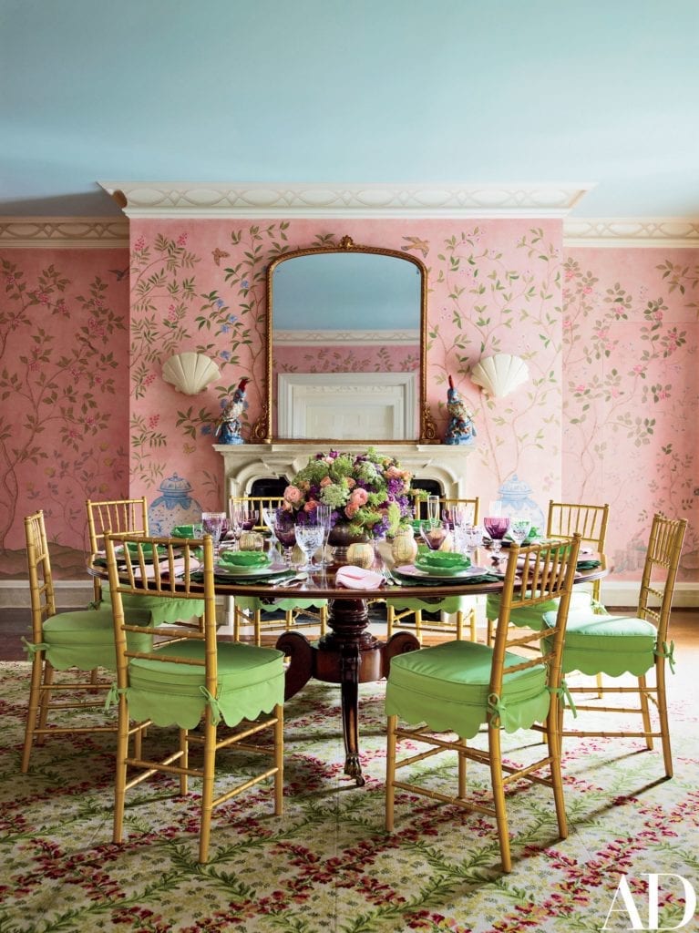 Dining room in aqua, pink, and green designed by Mario Buatta